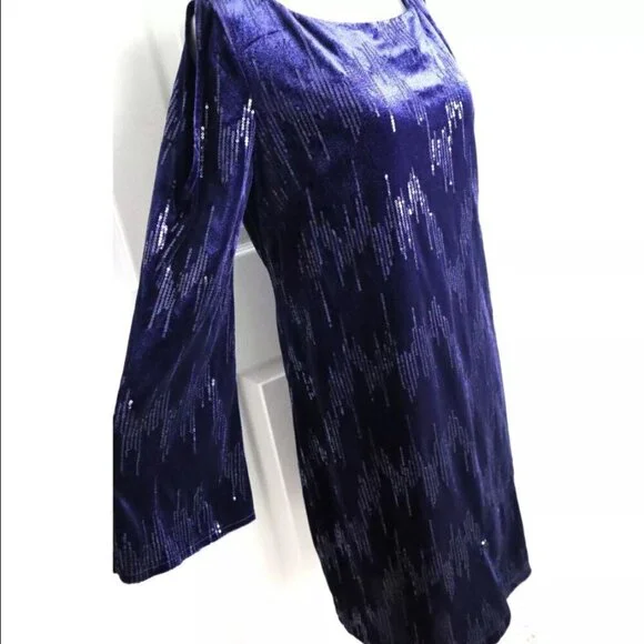 NWT Jessica Howard Blue Velvet Cocktail Dress Evening Sequin Cold Shoulder - Picture 2 of 5